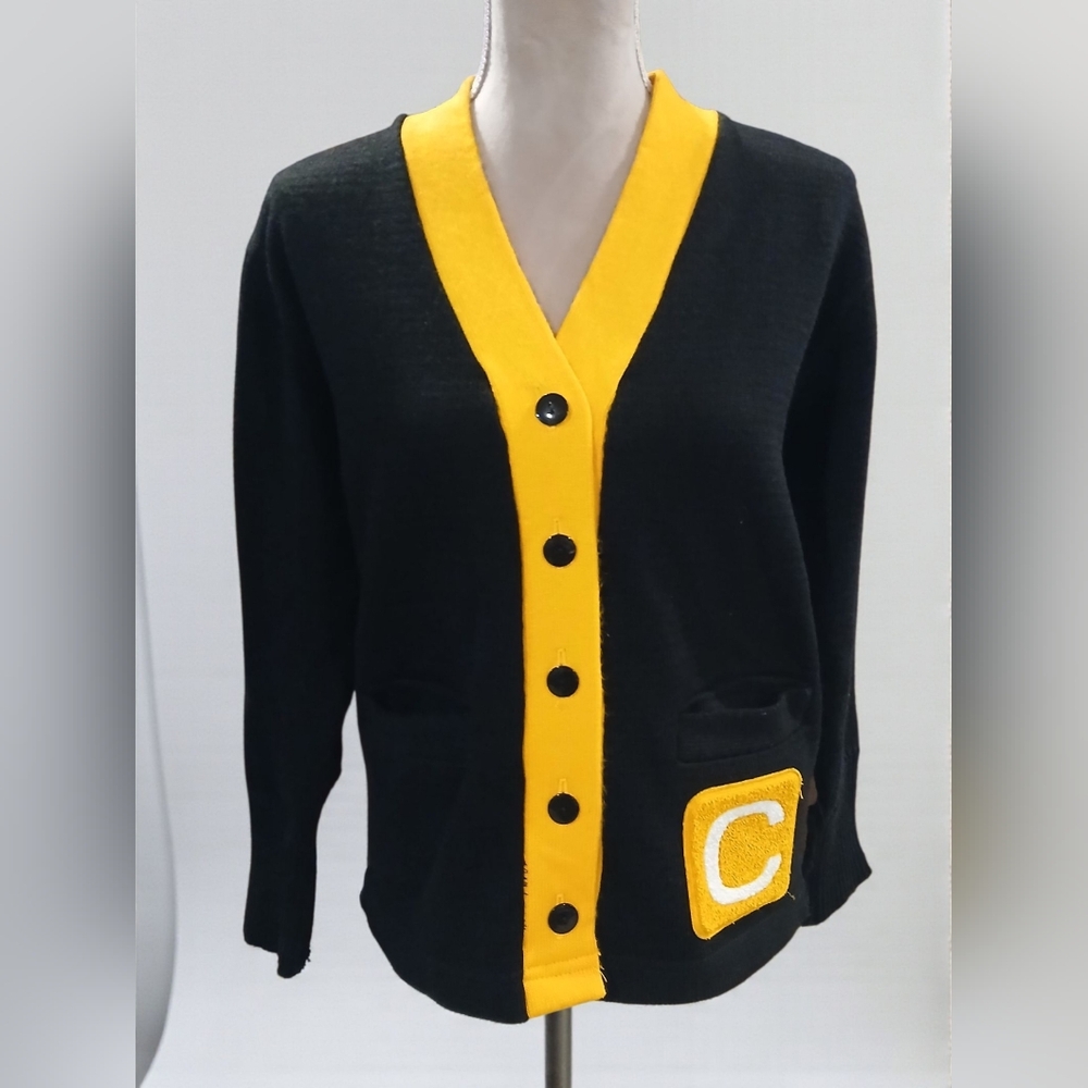 Vintage C Letteman Initial Cardigan Black Orange Sweater Neff Womans Medium